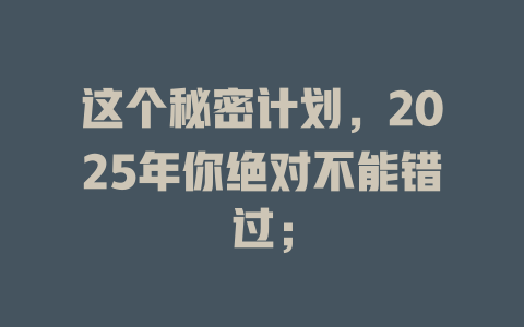 这个秘密计划,2025年你绝对不能错过; 一